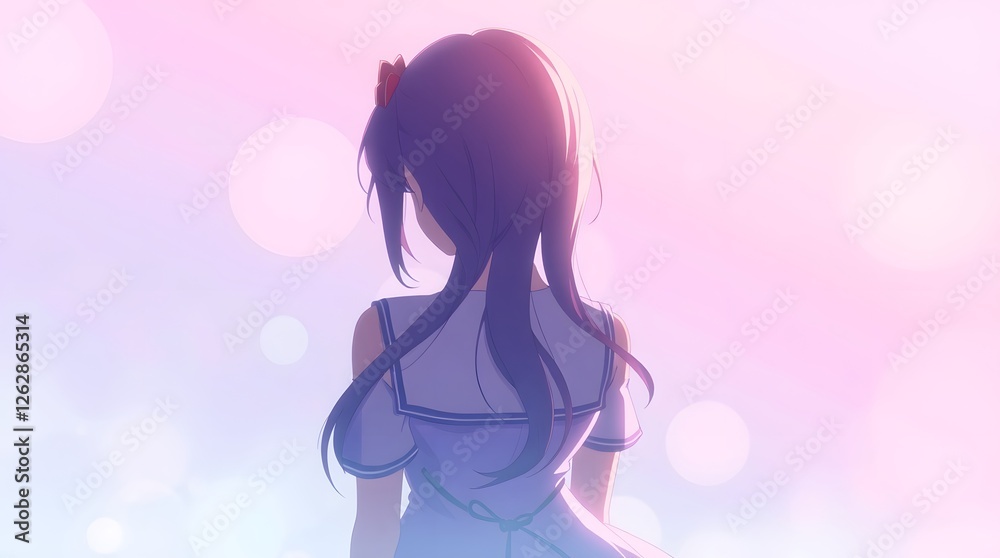 Anime Girl Standing in Dreamy Pink Light Back View Illustration Anime Girl Standing in Dreamy Pink Light Back View Illustration