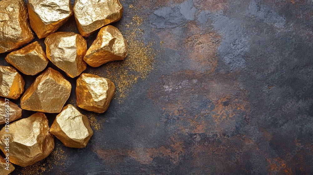 Golden Nuggets On Rustic Background, Treasure, Wealth Concept With Space Text Or Inscriptions. Golden Nuggets On Rustic Background, Treasure, Wealth Concept With Space Text Or Inscriptions.