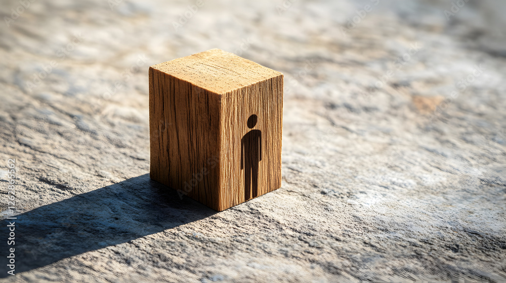 Wooden Block with Person Icon Representing Confinement, Isolation, or Limitation Wooden Block with Person Icon Representing Confinement, Isolation, or Limitation