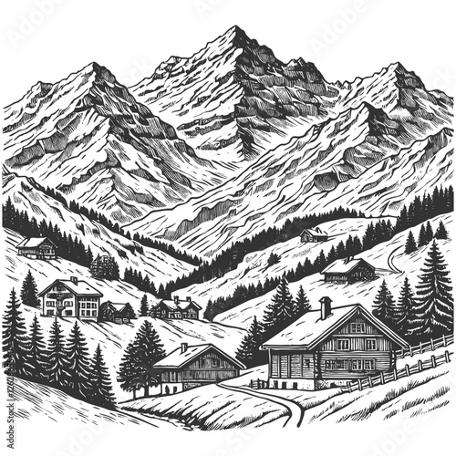 majestic mountain landscape with a dense pine forest in the foreground sketch engraving generative ai fictional character vector illustration. Scratch board imitation. Black and white image.