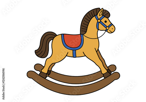 Clip art rocking horse. A colorful rocking horse with a red saddle and blue harness on a wooden base. Vector illustration design. photo