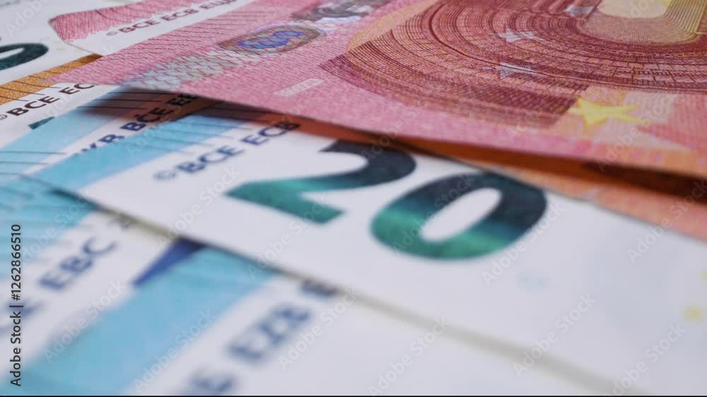 Close-up of euro banknotes. Cash money calculation. Euro banknotes in the background.