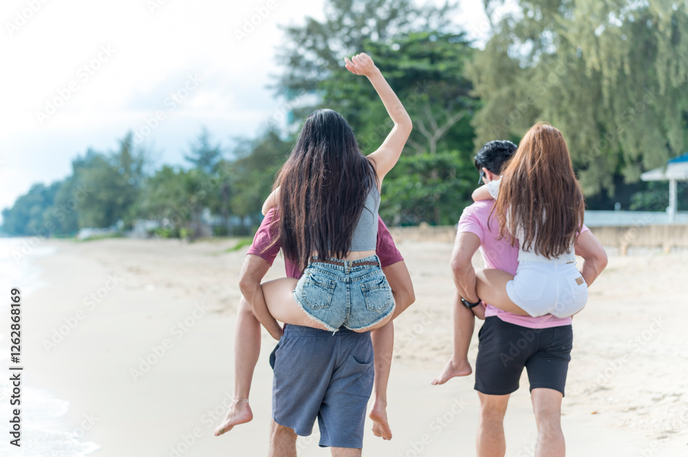 Young woman and man group friends run and enjoy at the beach - summer vacation on sea beach concept