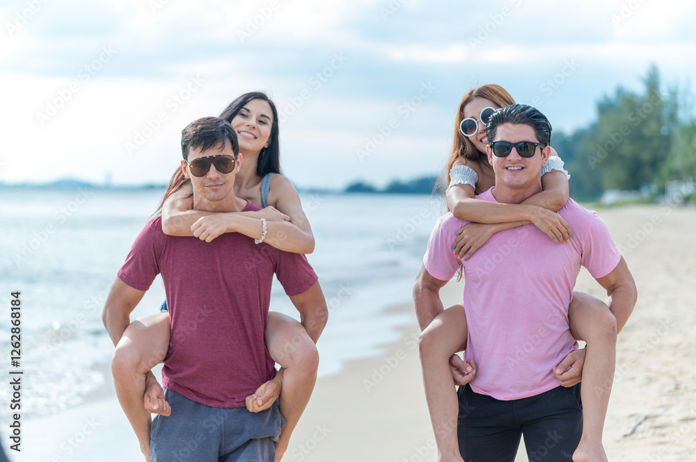 Young woman and man group friends run and enjoy at the beach - summer vacation on sea beach concept