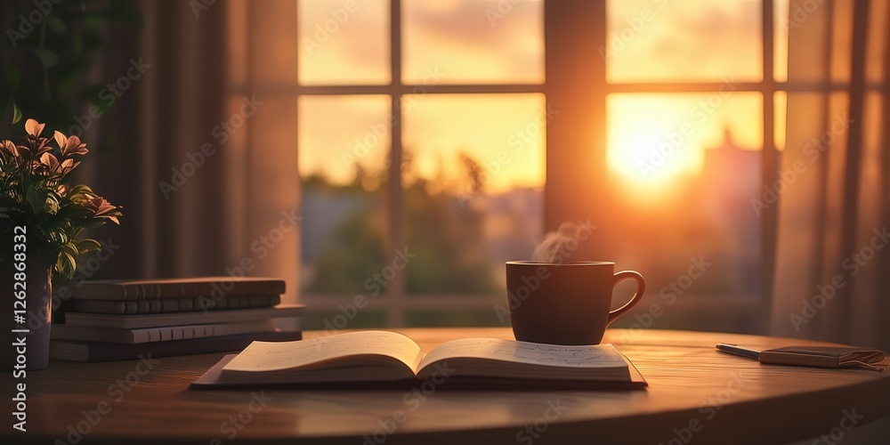 reading table in front of a window, with a notebook and cup of coffee, and a soft, glowing sunset casting a peaceful ambiance in the room reading table in front of a window, with a notebook and cup of coffee, and a soft, glowing sunset casting a peaceful ambiance in the room