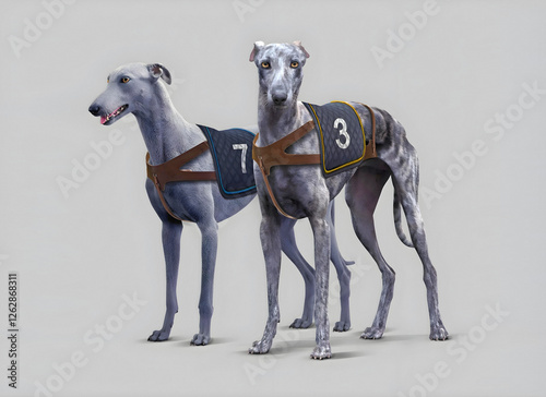 Greyhound racing dogs with numbers, 3D, illustration, virtual sports