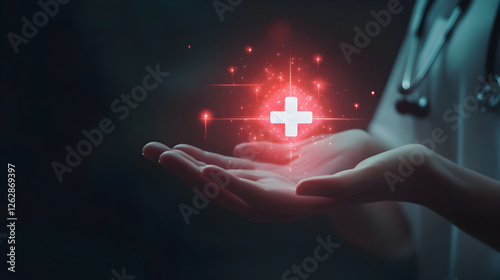 Doctor's Hands Holding Glowing Medical Cross Symbol - Healthcare and Healing Concept