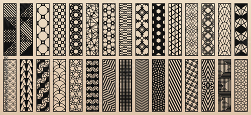 Big vector set of 30 templates for laser cut. Trending design with abstract geometric patterns, modern ornaments. Stencils for CNC cutting of wood, paper, metal, plastic, plywood. Aspect ratio 1:4