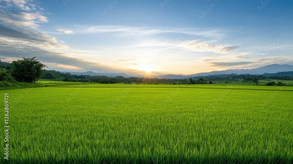 Green rice fields stretch under a vibrant sunset sky, with white dots marking areas for digital broadcasting in a rural landscape Green rice fields stretch under a vibrant sunset sky, with white dots marking areas for digital broadcasting in a rural landscape