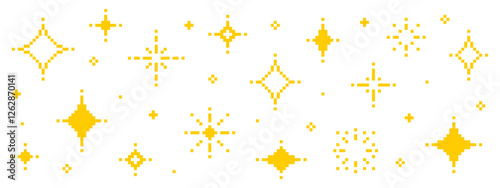 Pixel art sprite sheet of yellow sparkles isolated on a white background. Pixel yellow stars. 8-bit 2D game assets sheet. vector graphics. 