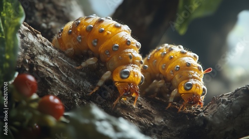 Golden larvae on tree branches