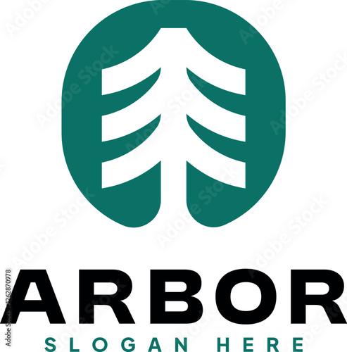 Minimalist arbor tree logo. Evergreen pine forest icon illustration. Coniferous plantation symbol