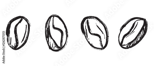 Coffee beans black drawing in black brush stroke texture isolated on white background. Hand drawn vector sketch illustration in vintage charcoal ink. Poster design, menu, symbol, icon set