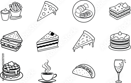 Delicious Food Icons Pizza, Fries, Cake, and More Treats