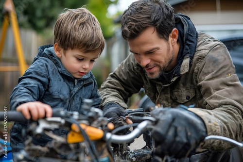 Father and son repairing motorcycle together in backyard