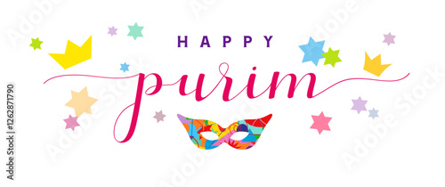 Happy Purim congratulations, greeting card design. Social media story template. Festive face mask with geometric pattern and isolated clipping mask. White backdrop, coloured confetti. Cute greetings.