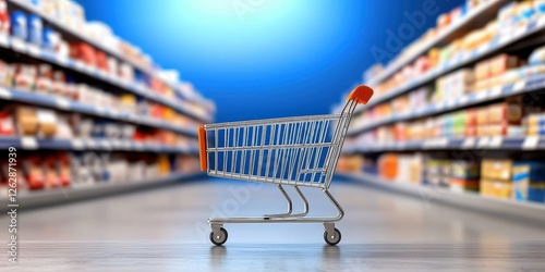 Shopping cart in a grocery aisle with colorful product displays in the background. photo