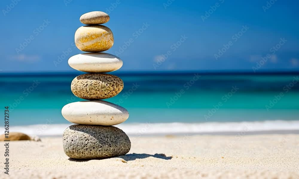 A peaceful stack of stones, elegantly balanced on soft, warm sand, reflects tranquility and calmness, against the backdrop of a stunning blue ocean. A peaceful stack of stones, elegantly balanced on soft, warm sand, reflects tranquility and calmness, against the backdrop of a stunning blue ocean.