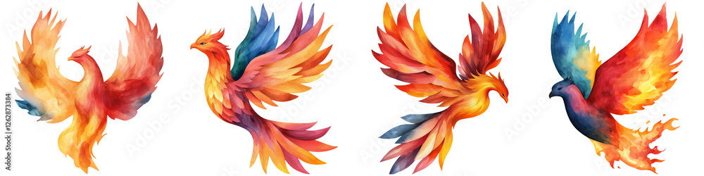 Obraz premium Manifest creation and watercolor, Colorful birds with vibrant plumage display various wing positions, showcasing artistic interpretations of avian elegance.