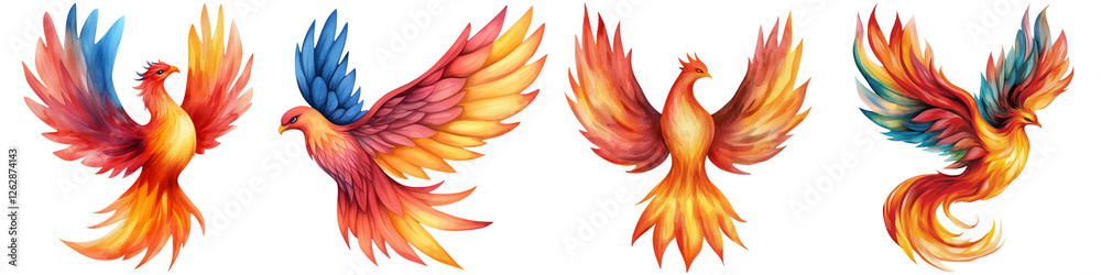 Fototapeta premium Manifest creation and watercolor, A vibrant display of four colorful phoenixes, showcasing dynamic wings and bright plumage in hues of red, orange, yellow, and blue.