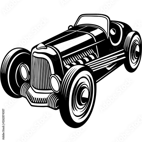 Racing Car with Sharp on white background, sketch engraving illustration. Scratch board imitation. Black and white image.