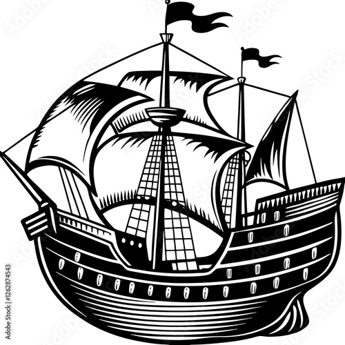 Historic Sailing Ship on white background, sketch engraving illustration. Scratch board imitation. Black and white image.