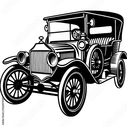 Early 1900s Automobile on white background, sketch engraving illustration. Scratch board imitation. Black and white image.