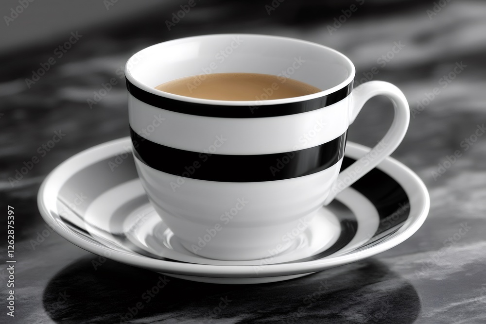 Fototapeta premium Striped coffee cup sitting on matching saucer on marble table