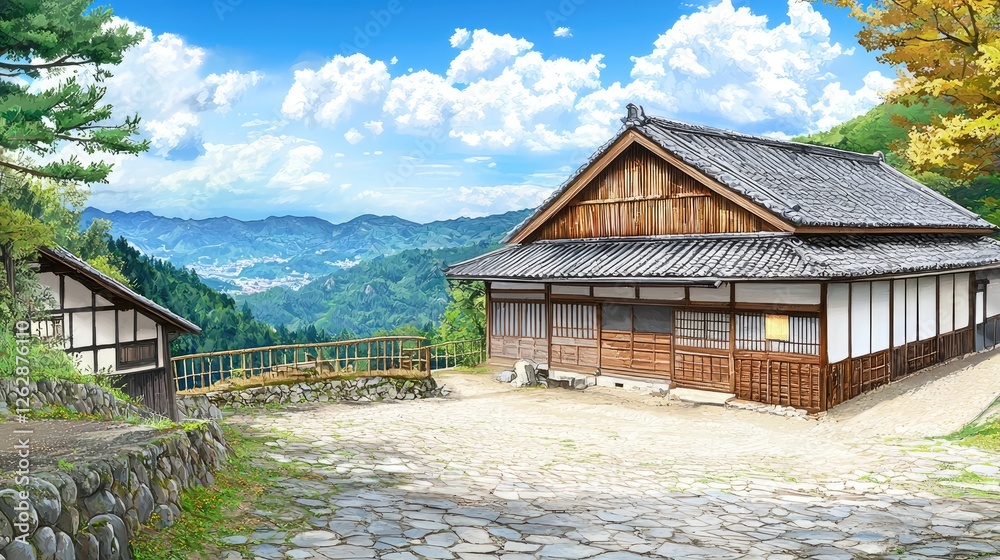 Mountain village house autumn view Mountain village house autumn view