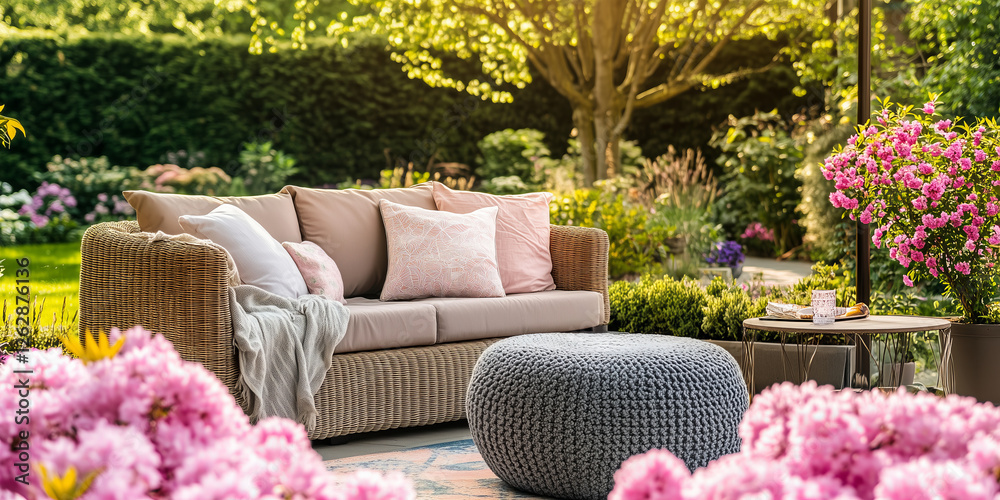 Obraz premium Cozy wooden terrace with rustic wooden furniture, soft pillows and blankets. Charming sunny evening in spring garden with blossoming trees.