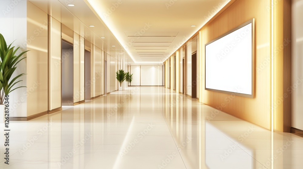 Modern office hallway with polished floors, bright lighting, and minimalistic decor, showcasing a serene atmosphere Modern office hallway with polished floors, bright lighting, and minimalistic decor, showcasing a serene atmosphere