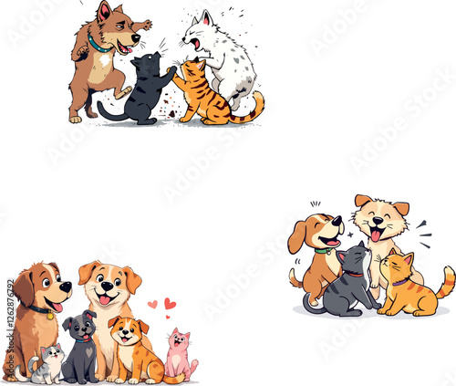 Playful cats and dogs in various interactions