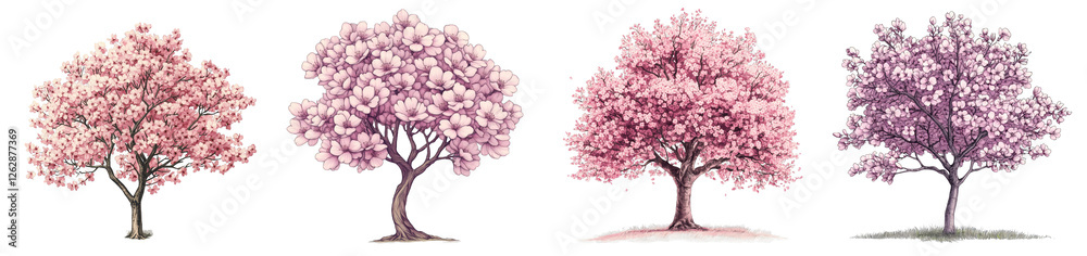 Obraz premium Four elegant cherry blossom trees showcasing varying shades of pink and purple colors