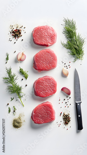 A raw and unorthodox beef, sliced into four steaks with herbs on the side
 photo