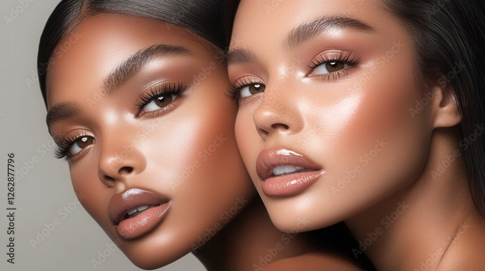 Two beautiful models showcasing glowing skin and stunning makeup in an artistic portrait. Generative AI Two beautiful models showcasing glowing skin and stunning makeup in an artistic portrait. Generative AI
