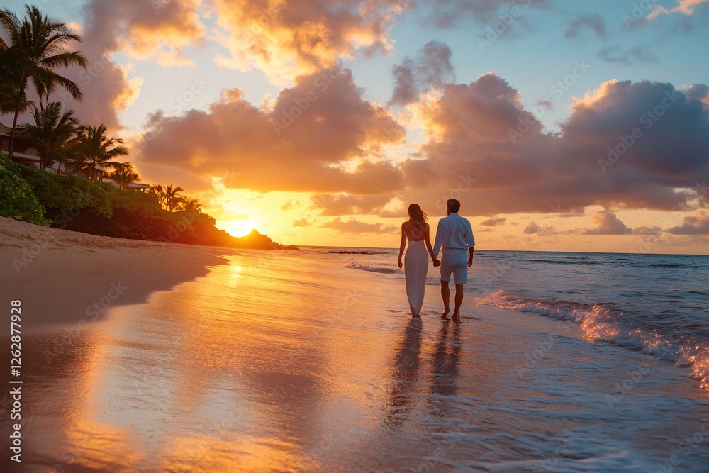 Couple walking on beach at sunset holding hands Couple walking on beach at sunset holding hands