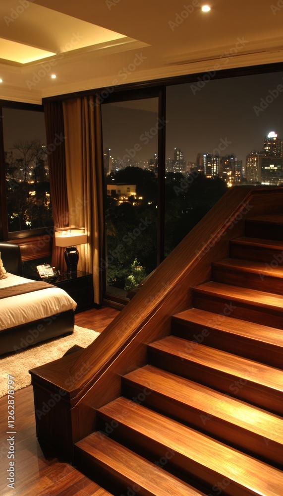 Φωτογραφία Luxurious Contemporary Bedroom Design at Night, Cityscape View, and Elegant Stai