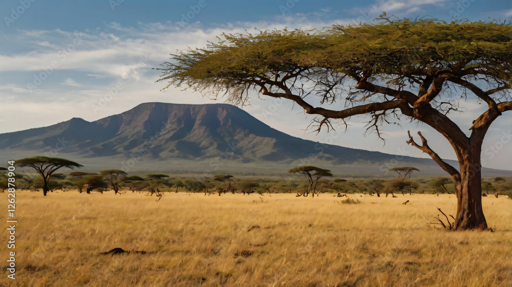 African savanna with mountain in national wild park African savanna with mountain in national wild park