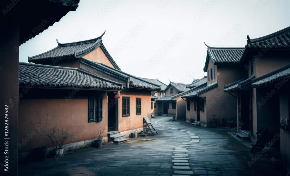 A tranquil scene of an ancient chinese village featuring traditional clay houses with tiled roofs and wooden shutters asian house chinese architecture architecture culture china chinese travel temple A tranquil scene of an ancient chinese village featuring traditional clay houses with tiled roofs and wooden shutters asian house chinese architecture architecture culture china chinese travel temple