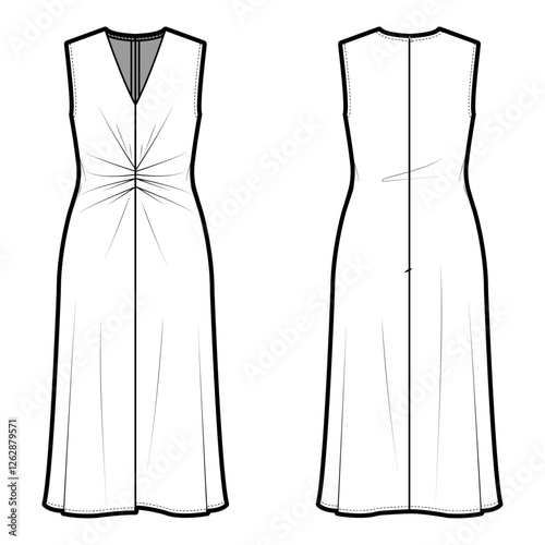 Technical flat sketch of Gathered V-Neck midi dress. Waist defining pleat Detail. Vector mock up Template. 
