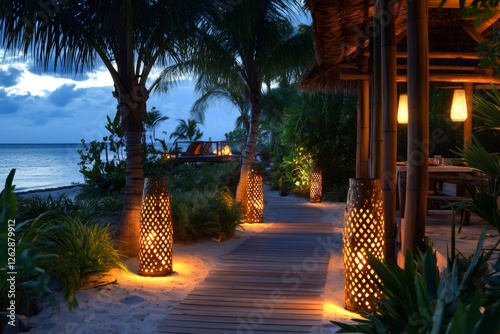 Lanterns illuminating tropical wooden walkway at night