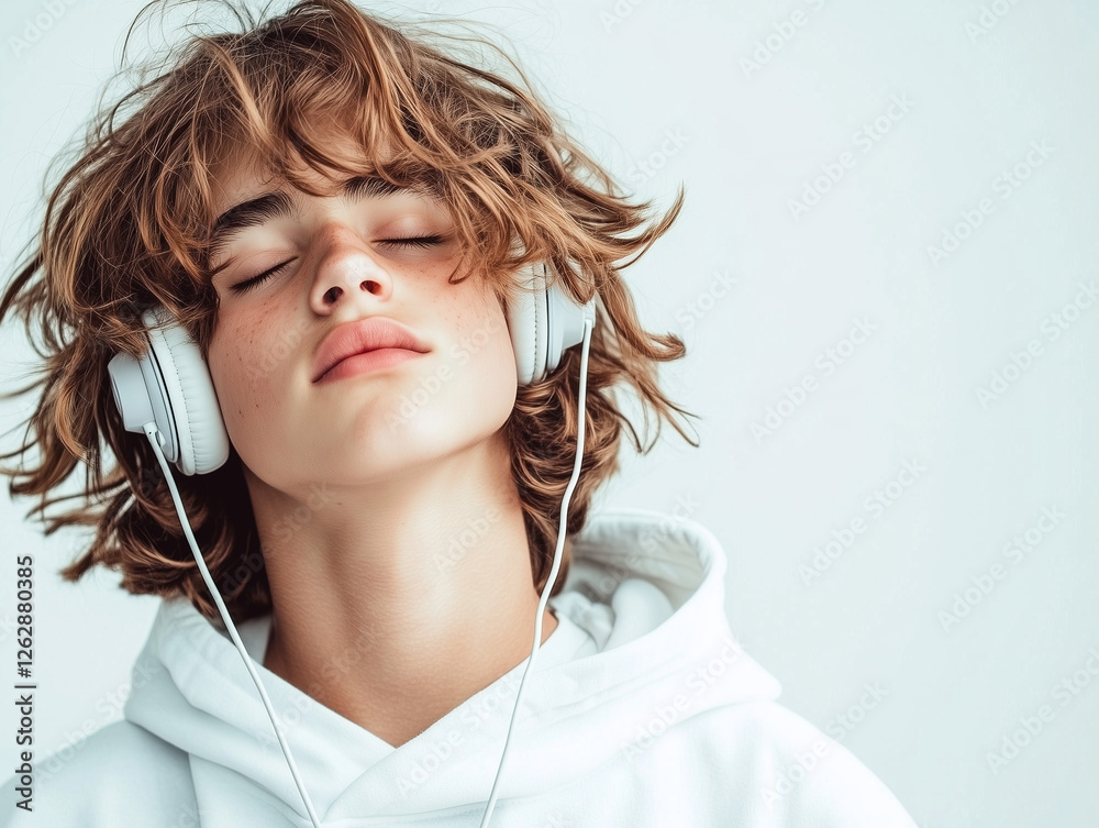 A teenager with headphones on enjoying music with eyes closed A teenager with headphones on enjoying music with eyes closed