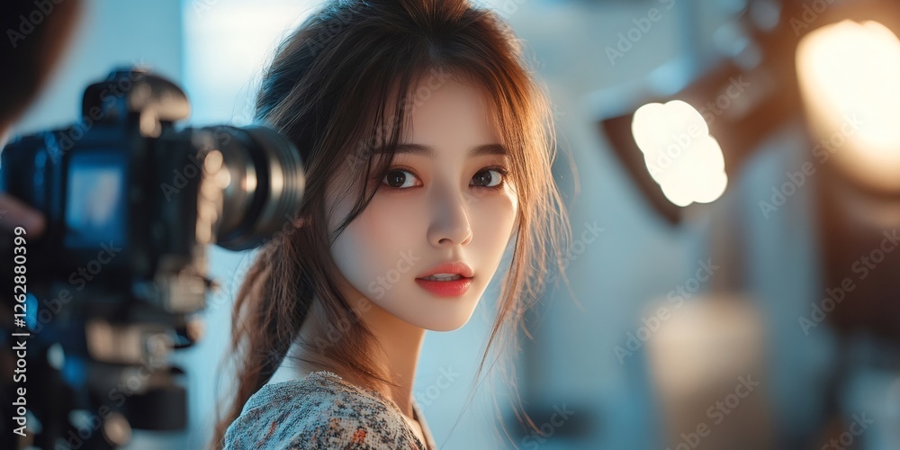 Fototapeta premium Young asian model posing for camera in professional studio photoshoot with soft lighting