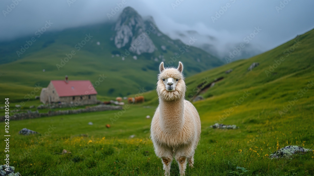 Naklejka premium A fluffy alpaca stands in a green landscape with mountains and a quaint house in the background under cloudy skies.