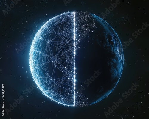 A symbolic image of a globe with a bright network of connected lines covering only half, leaving the other half in complete darkness. photo