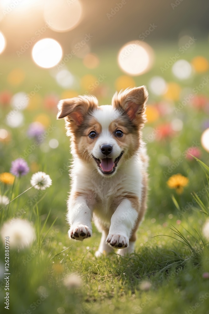 Happy puppy running through a vibrant field of wildflowers in the golden light of evening Happy puppy running through a vibrant field of wildflowers in the golden light of evening