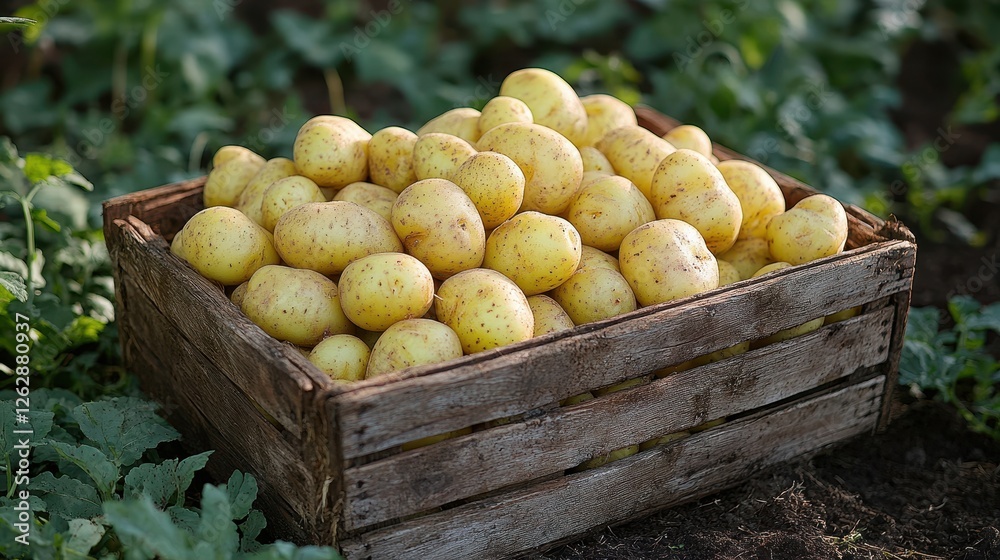 A wooden crate filled with fresh, yellow potatoes surrounded by greenery. A wooden crate filled with fresh, yellow potatoes surrounded by greenery.