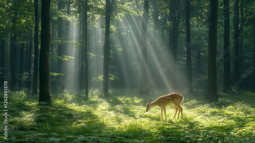 Fawn grazing in sunlit forest, peaceful scene Fawn grazing in sunlit forest, peaceful scene
