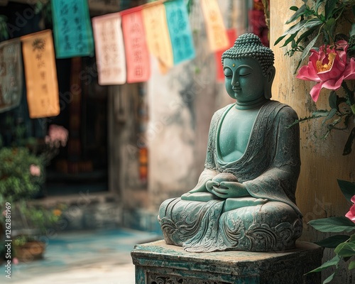 traditional Jade Buddha resting on an altar, with hanging prayer flags fluttering gently in the background photo