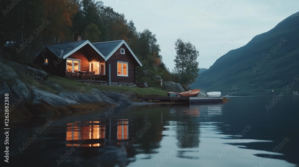 Fototapeta premium Peaceful Wooden Cabin Lakeside at Twilight_keywords_cabin,lake,wooden,house,mountains,forest,water,r